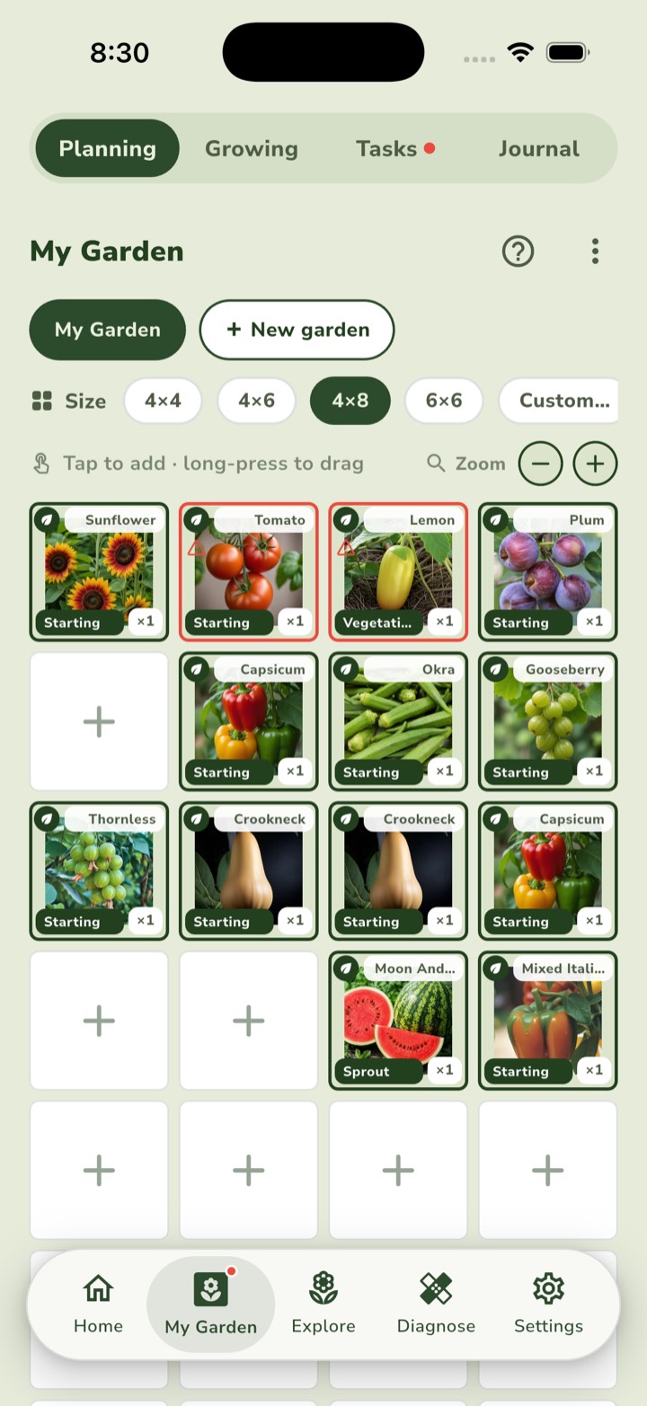 AusGrower garden bed planner with plants laid out on a grid