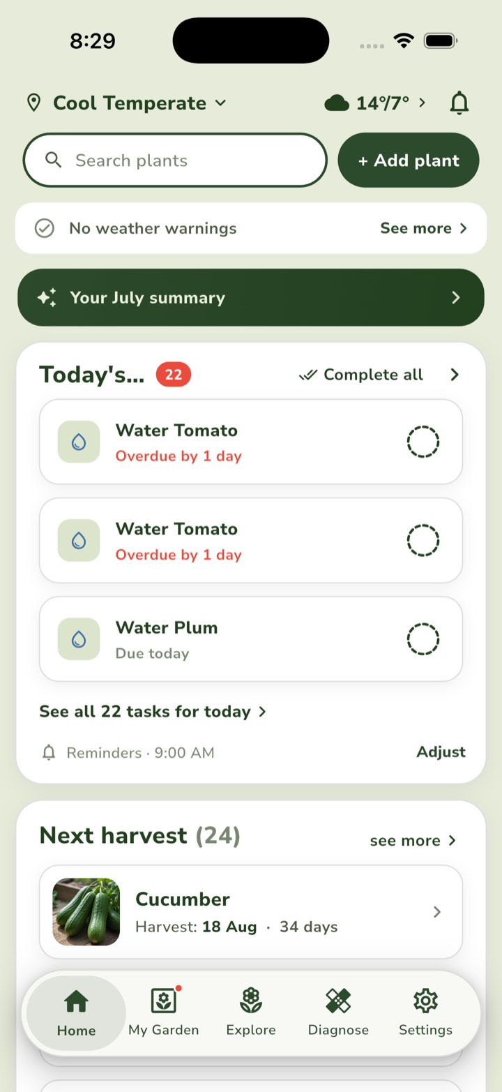AusGrower app home screen with weather warnings, today’s tasks and next harvest