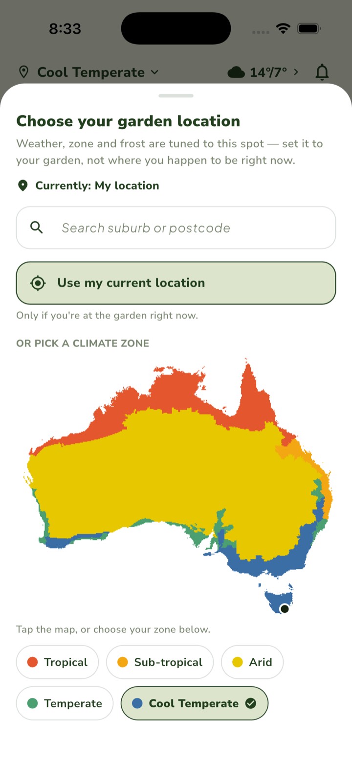 AusGrower climate-zone picker showing Australia’s five growing zones